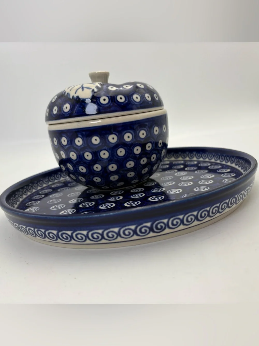 Vintage Polish Pottery Hand-Painted Ceramic Apple Baking Dish with Round Tray